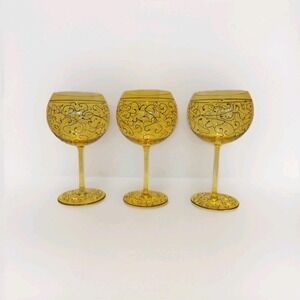 Royal Danube Hand-Painted Crystal, Romania Wine Glass Set Of 3 Yellow Gold